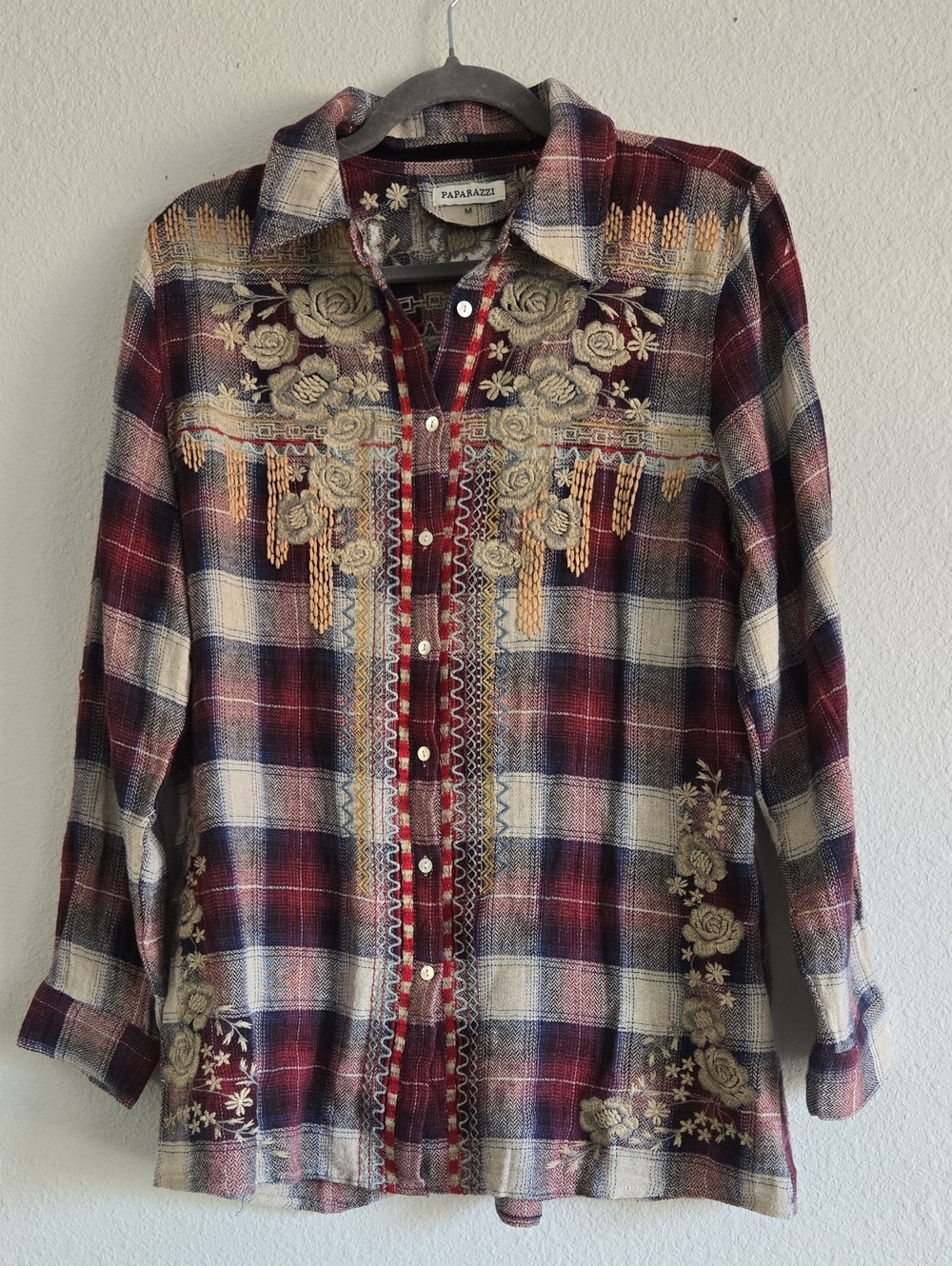 Papazazzi Embroidered Plaid Button-Up Shirt - Burgundy & Cream Size M